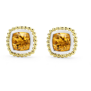 Lagos 18K and Sterling Silver Caviar Citrine Cushion Stud Earrings