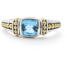 Load image into Gallery viewer, Lagos Sterling Silver and 18K Yellow Gold Swiss Blue Topaz Cushion Ring
