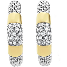 Load image into Gallery viewer, Lagos 18K and Sterling Silver High Bar Diamond 28mm Caviar Hoop Earrings
