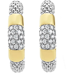 Lagos 18K and Sterling Silver High Bar Diamond 28mm Caviar Hoop Earrings