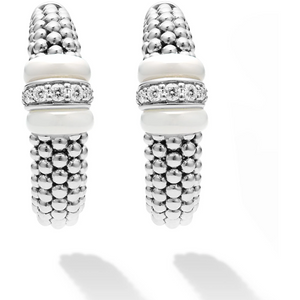 Lagos Sterling Silver White Caviar Ceramic Diamond Hoop Earrings