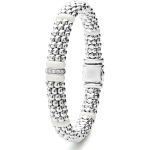 Lagos Sterling Silver White Caviar Ceramic Single Diamond Station Bracelet