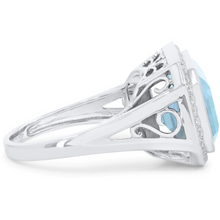 Load image into Gallery viewer, 14K White Gold Large Step Cut Blue Topaz and Diamond Halo Ring
