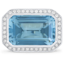 Load image into Gallery viewer, 14K White Gold Large Step Cut Blue Topaz and Diamond Halo Ring
