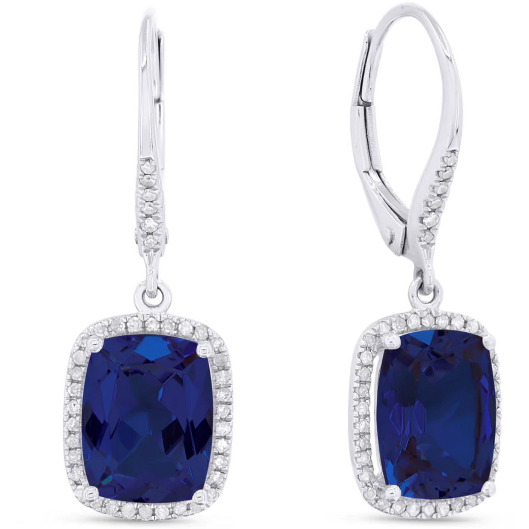 14K White Gold Cushion Created Blue Sapphire and Diamond Halo Dangle Earrings