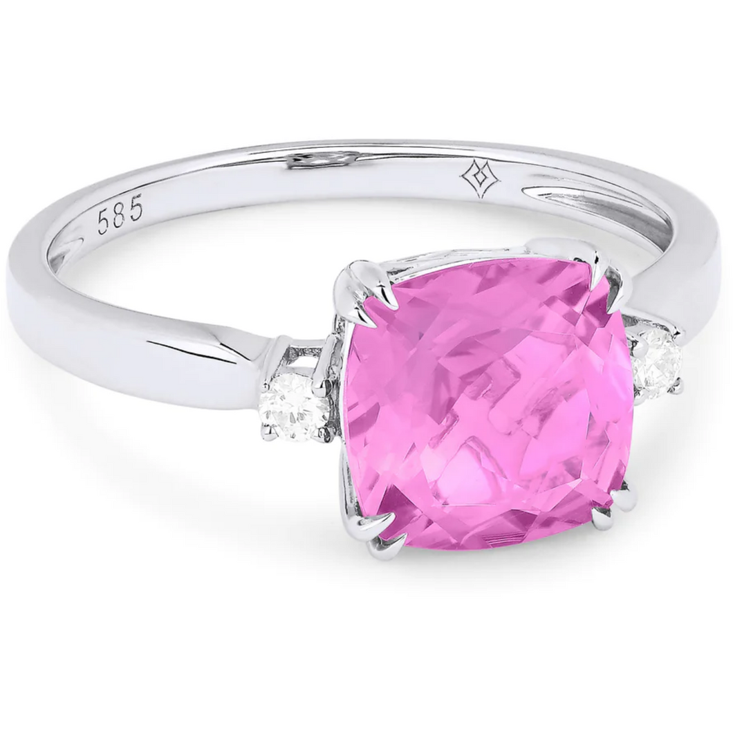 14K White Gold Cushion Created Pink Sapphire Diamond Accent Ring