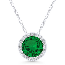 Load image into Gallery viewer, 14K White Gold Round Created Emerald and Diamond Halo Pendant
