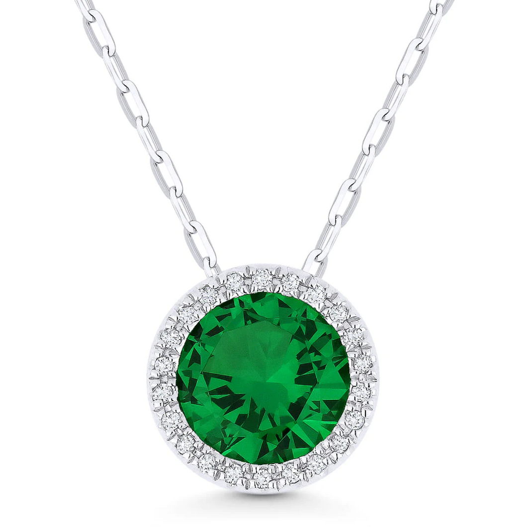 14K White Gold Round Created Emerald and Diamond Halo Pendant