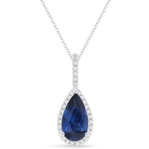 14K White Gold Pear Created Blue Sapphire and Diamond Pendant