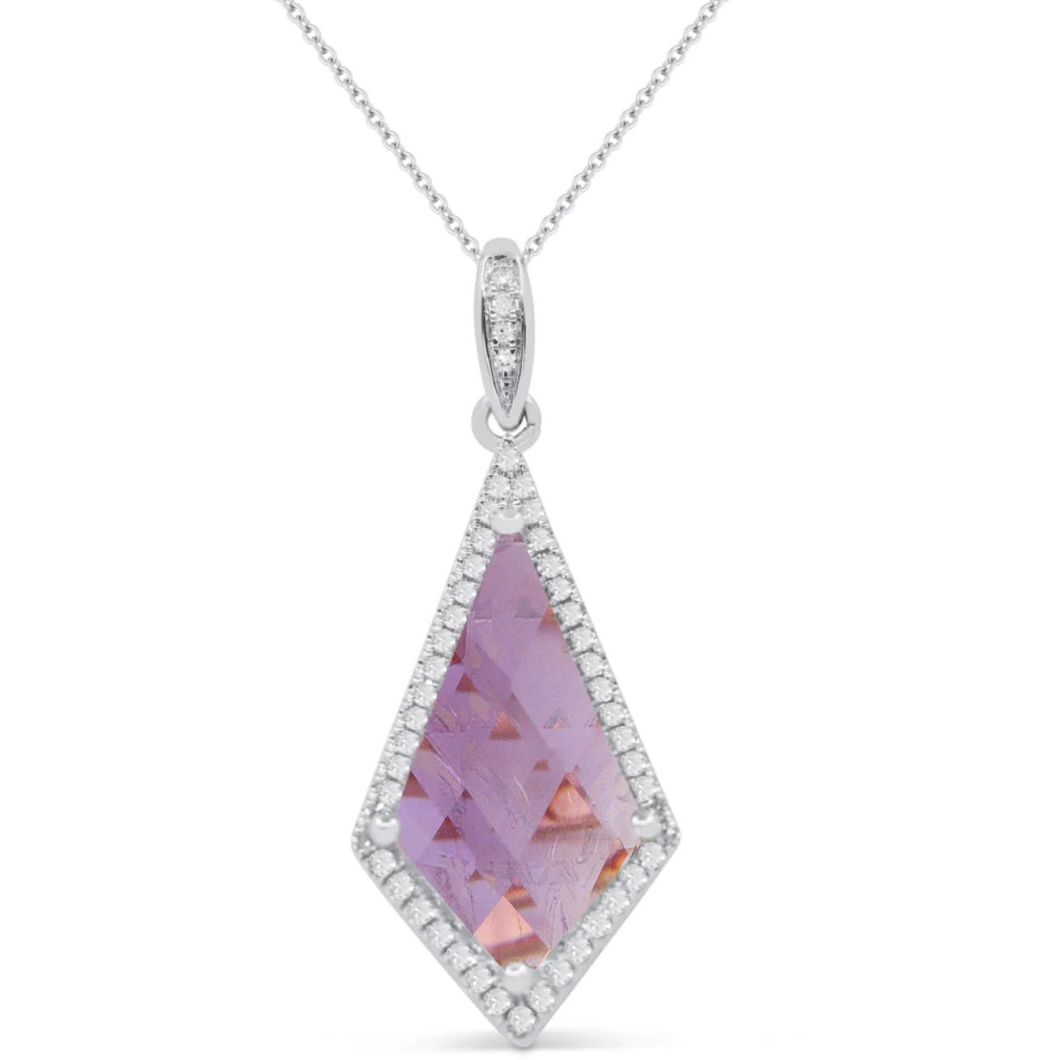 14K White Gold Kite Amethyst and Diamond Halo Pendant