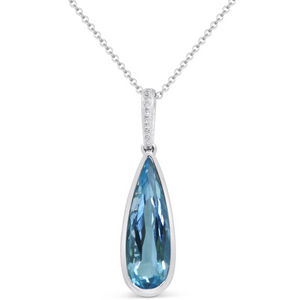 14K White Gold Pear Blue Topaz and Diamond Pendant