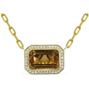 14K Yellow Gold Emerald Cut Citrine and Diamond Bezel Pendant