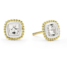 Load image into Gallery viewer, Lagos 18K and Sterling Silver Caviar White Topaz Cushion Stud Earrings
