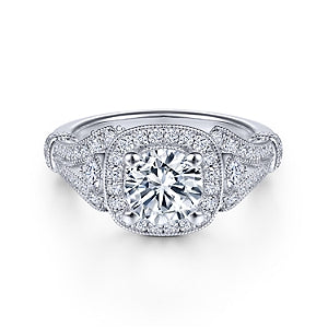 Gabriel "Delilah"14K White Gold and Diamond Cushion Halo Vintage Engagement Ring
