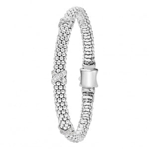 Lagos Sterling Silver Caviar Lux 3 Diamond X 6mm Bracelet