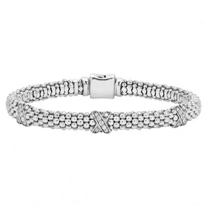 Lagos Sterling Silver Caviar Lux 3 Diamond X 6mm Bracelet